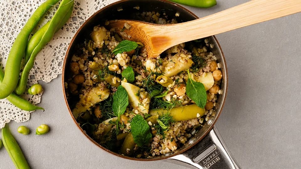 Enginar ve Taze Baklalı Bulgur Pilavı